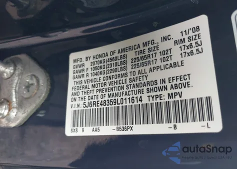 2009 Honda Cr-V Lx z USA, uszkodzony, nr VIN 5J6RE48359L011614
